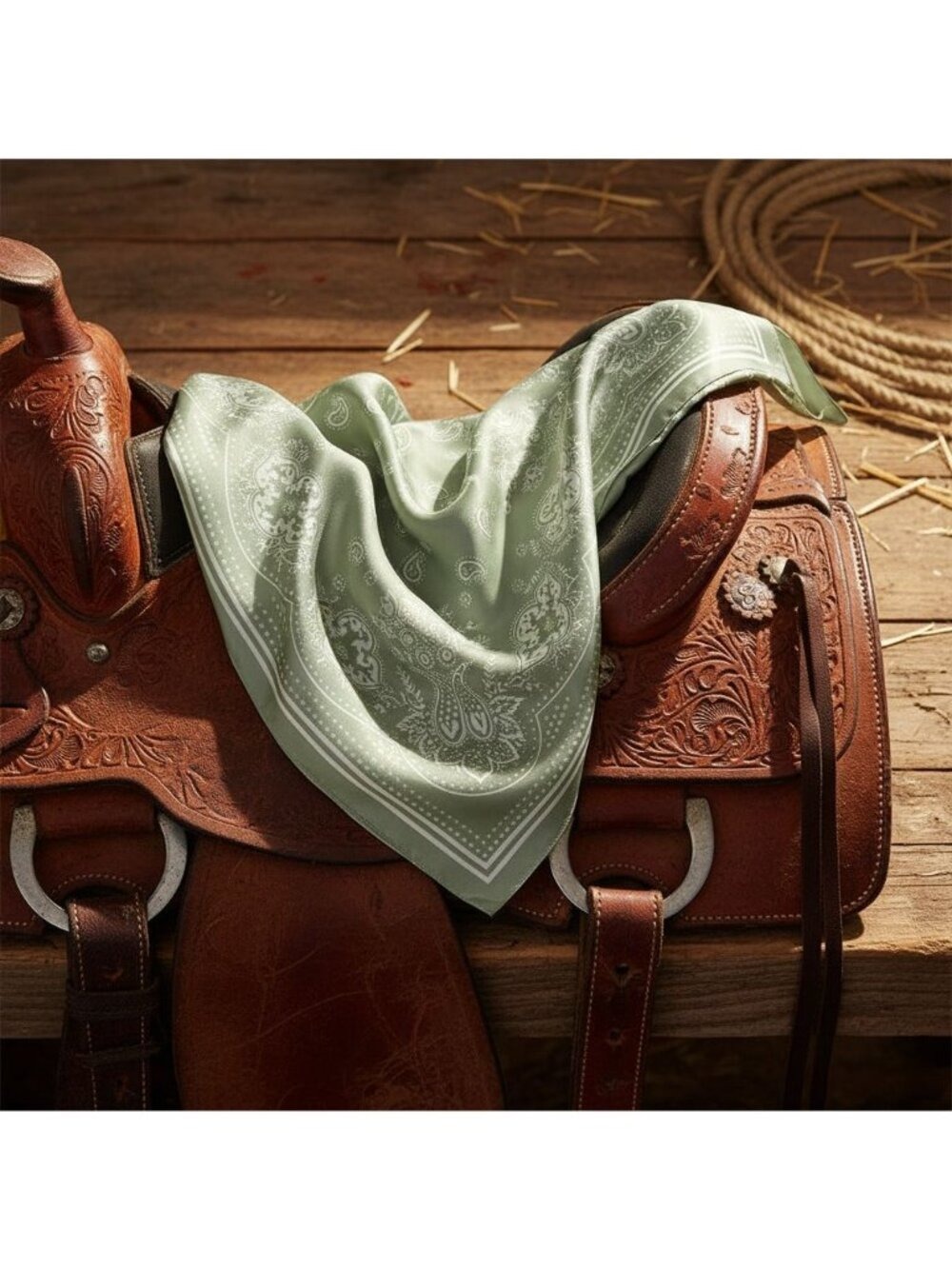 Sage Green Satin Paisley Scarf Bandana 26x26 Western Cowgirl Wild Rag - Picture 5 of 8